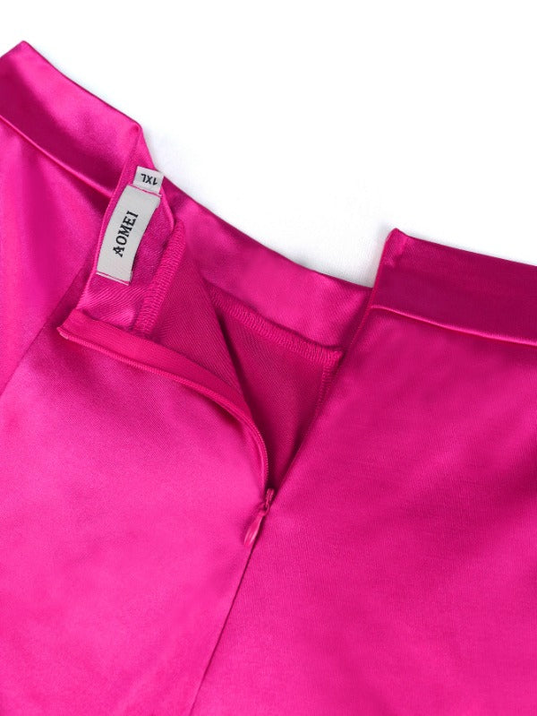 ONTINVA Curve Women‘s Fuchsia Elastic Satin Flare Pants Shiny