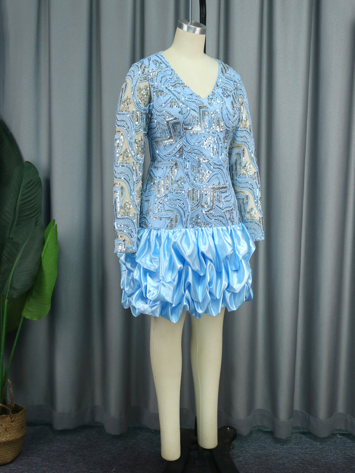 ONTINVA Lace Sequins Chic Dresses Summer 2023 Free Shipping Blue V Neck Mini Robe See Through Glitter Sleeve Formal Event Party Gowns