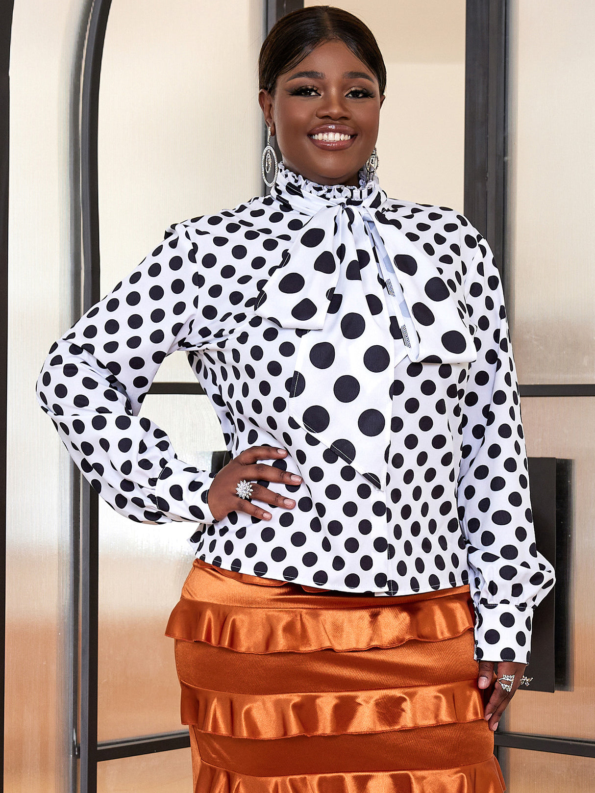 ONTINVA Black Polka Dot Printed Blouse Women Shirt Bowtie Lace Up Long Sleeve Button Up Tops Elegant Lady Office Work Casual Wear
