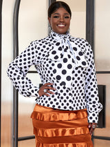ONTINVA Black Polka Dot Printed Blouse Women Shirt Bowtie Lace Up Long Sleeve Button Up Tops Elegant Lady Office Work Casual Wear