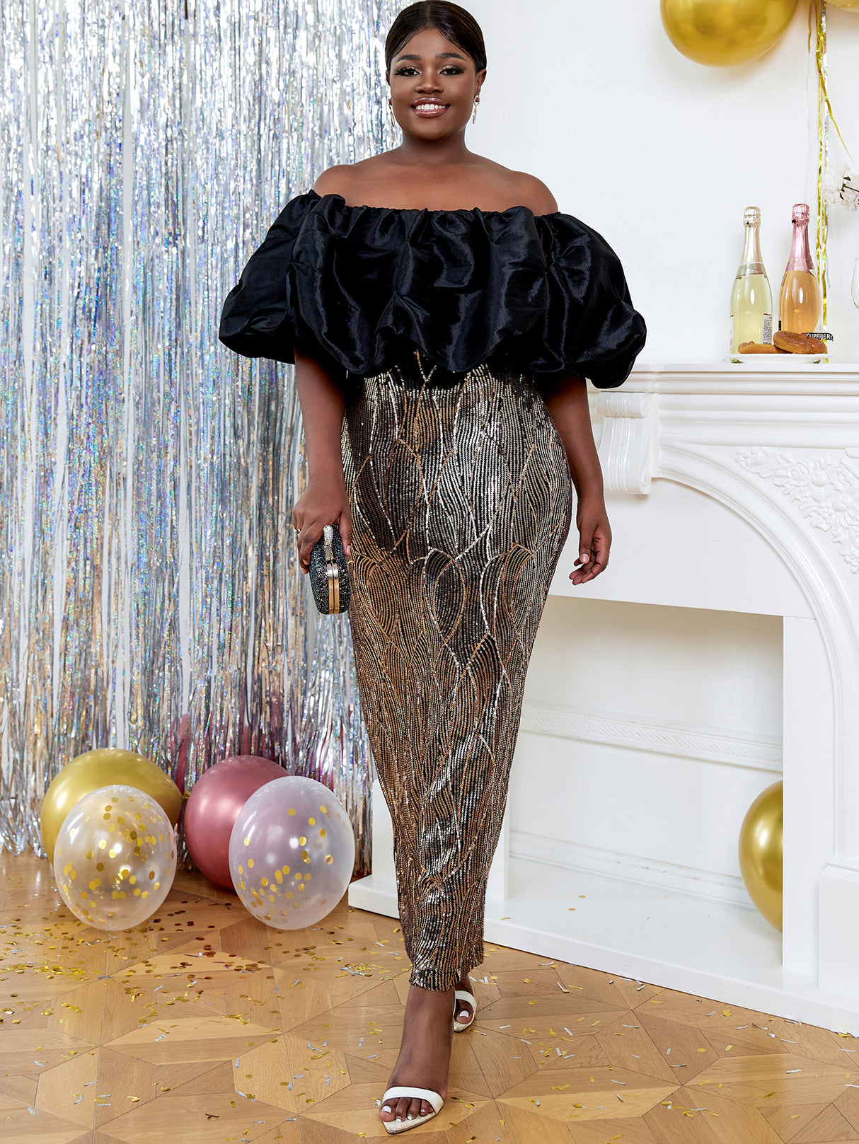ONTINVA Evening Dress for Women Party Sequins Patchwork Strapless Maxi Robe Puff Sleeve Birthday Event Prom Sexy Cocktail Vestidos 2023