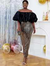 ONTINVA Evening Dress for Women Party Sequins Patchwork Strapless Maxi Robe Puff Sleeve Birthday Event Prom Sexy Cocktail Vestidos 2023