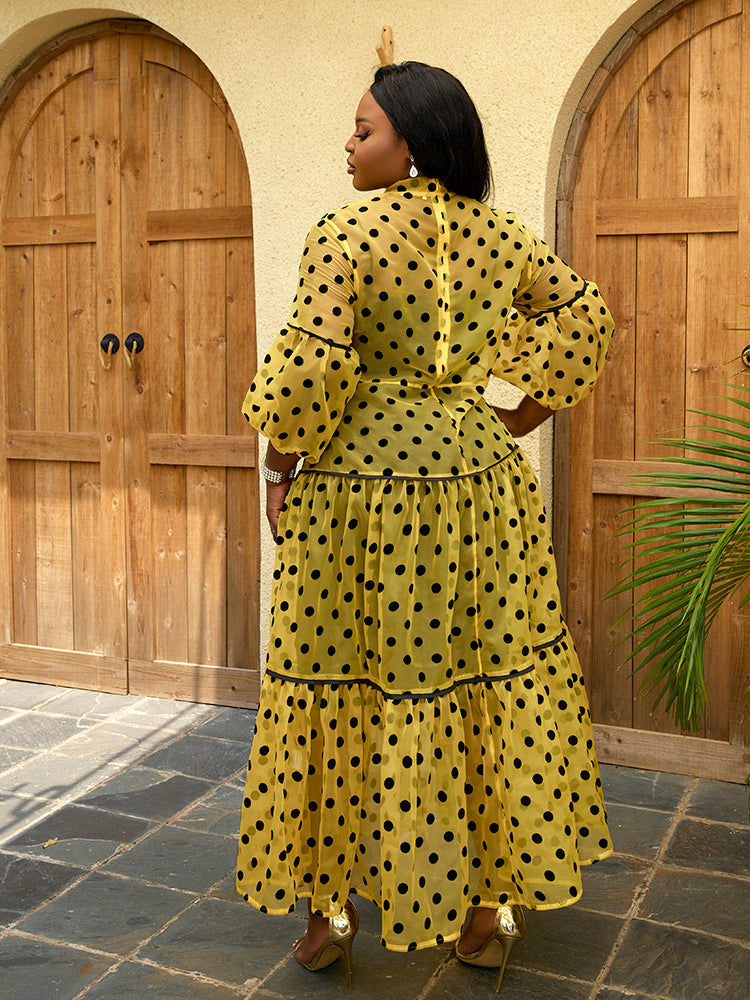 ONTINVA Women Long Dress Polka Dot Print Tulle See Through Mesh Loose Maxi Bow Collar Waist Belt Ruffle Sexy Elegant African Gowns