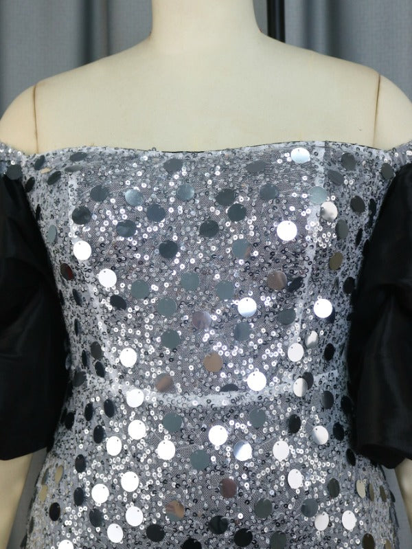 ONTINVA Bare Shoulder Silver Sequin Dress Maxi Patchwork Short Sleeves