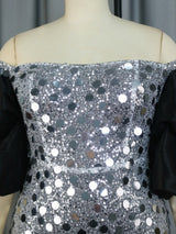 ONTINVA Bare Shoulder Silver Sequin Dress Maxi Patchwork Short Sleeves
