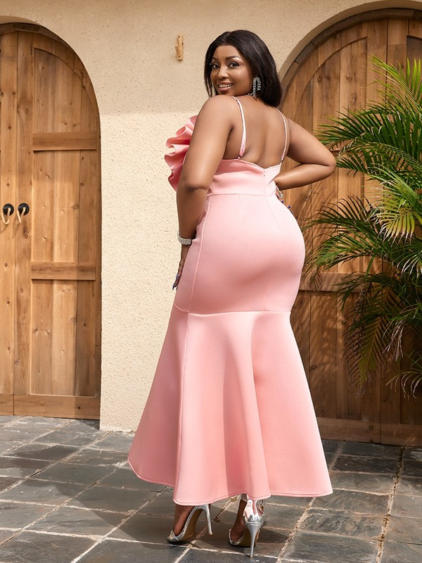ONTINVA Pink Sleeveless Spaghetti Straps Big Flower Ruffles Long Party Dress