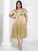 ONTINVA Gold Shiny Deep V Neck Pleated Dresses Midi
