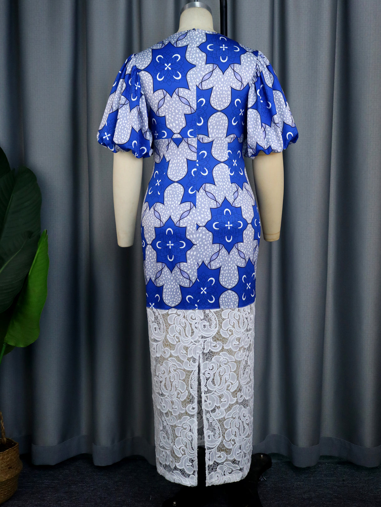 ONTINVA Plus Size Dresses for Women Blue Patchwork Lace O Neck Short Puff Sleeve Floral Printed Bodycon Evening Party Outfits