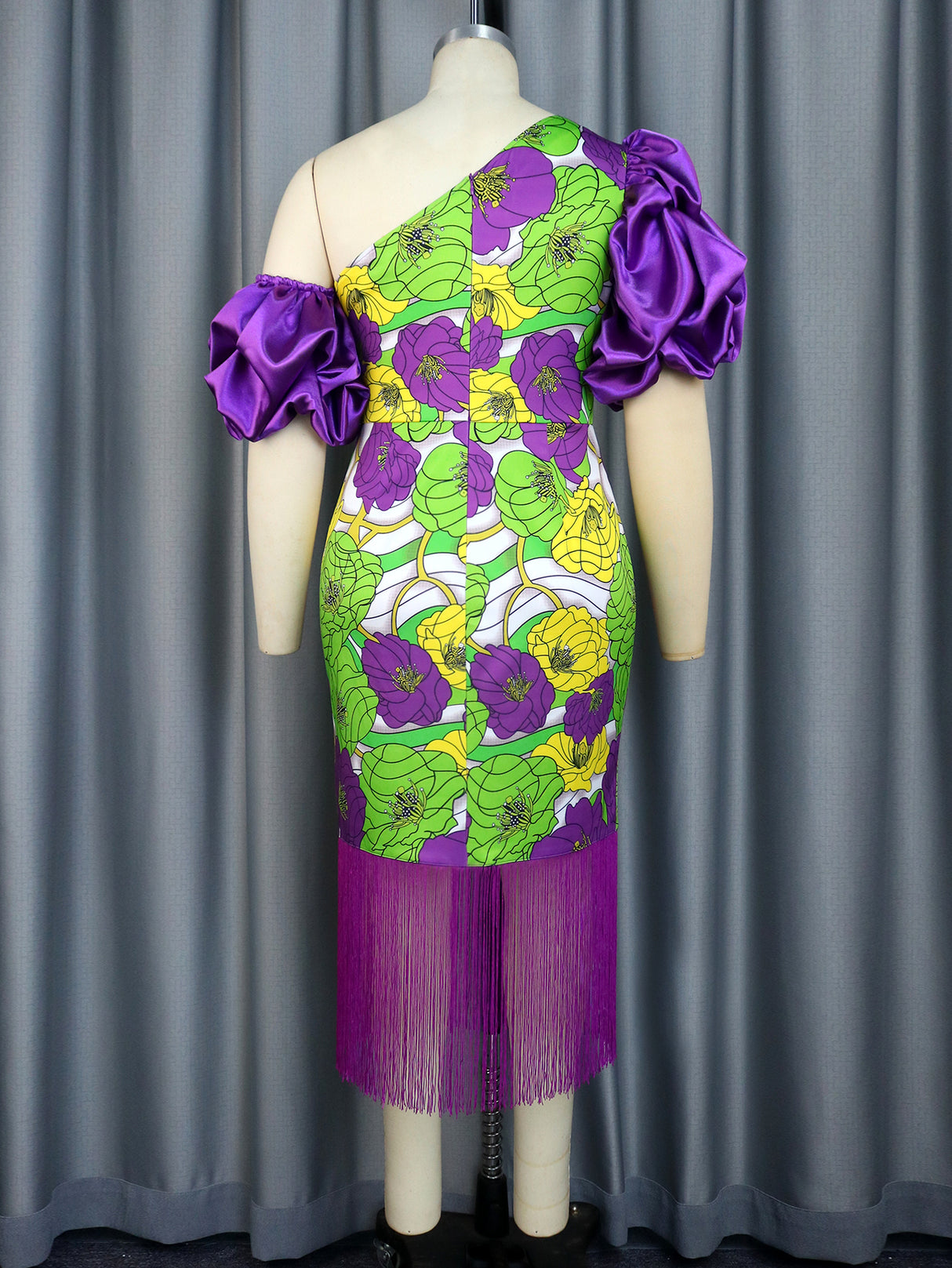 ONTINVA Patchwork Party Dress Plus Size Women Irregular Puff Sleeve Purple Printed Bodycon Midi Evening Cocktail Tassel Outfits