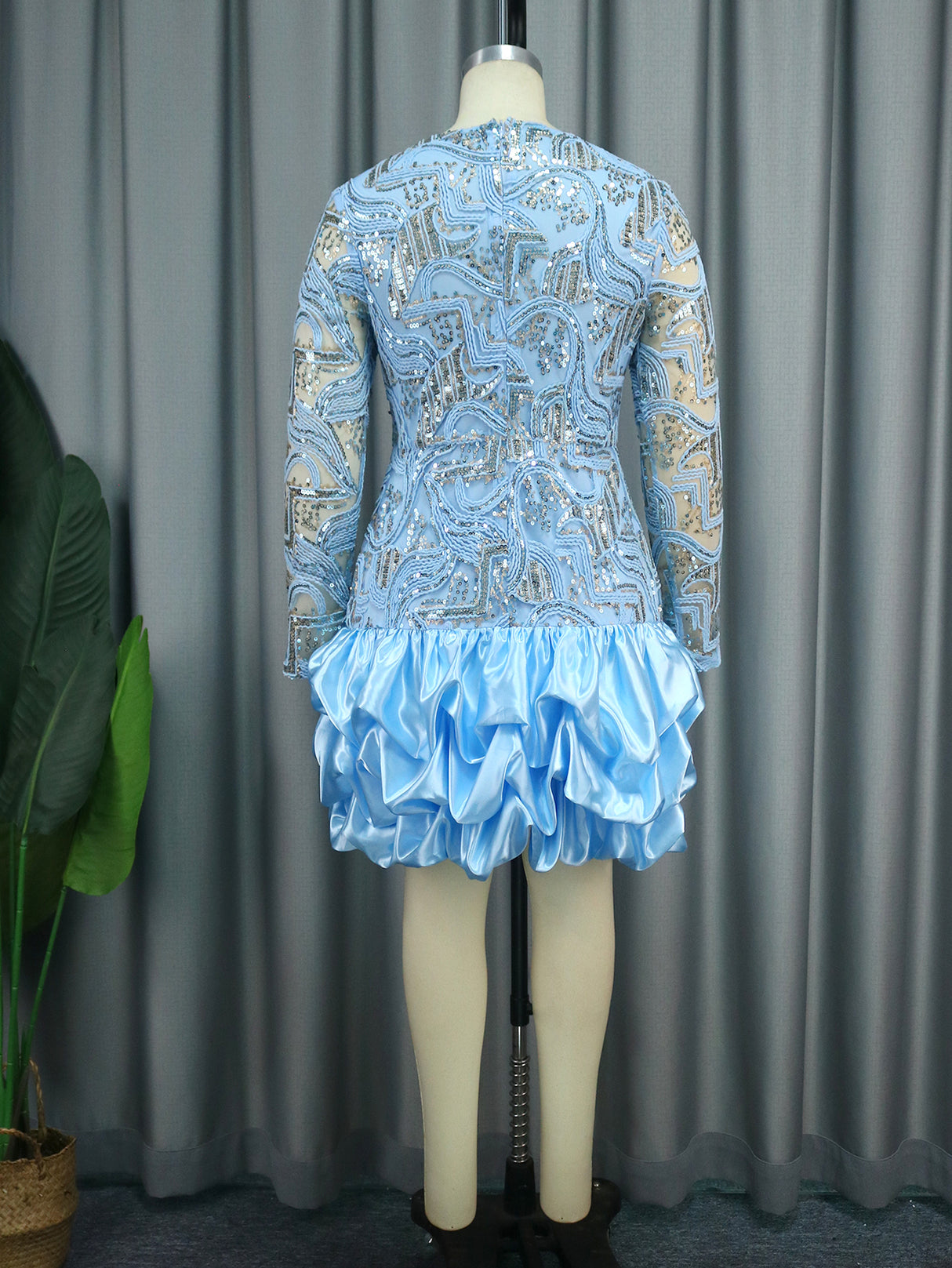 ONTINVA Lace Sequins Chic Dresses Summer 2023 Free Shipping Blue V Neck Mini Robe See Through Glitter Sleeve Formal Event Party Gowns