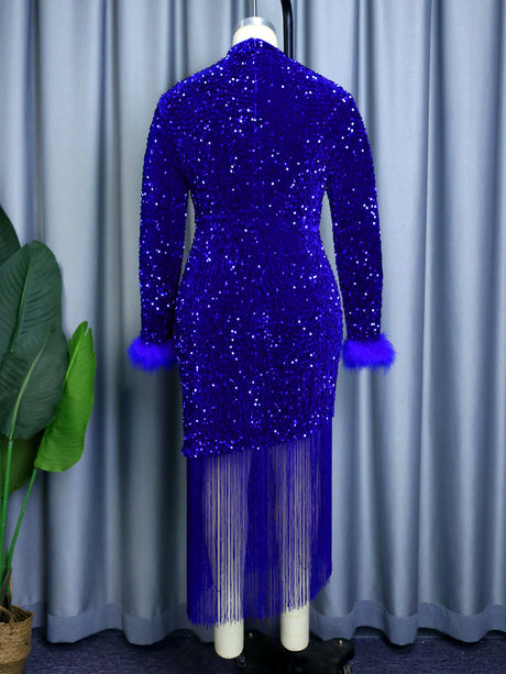 ONTINVA Women Dress Velvet Shiny Glitter Sequin Long Sleeve  Feather Tassel Autumn Package Hip Celebrate Occasion Birthday African Gown