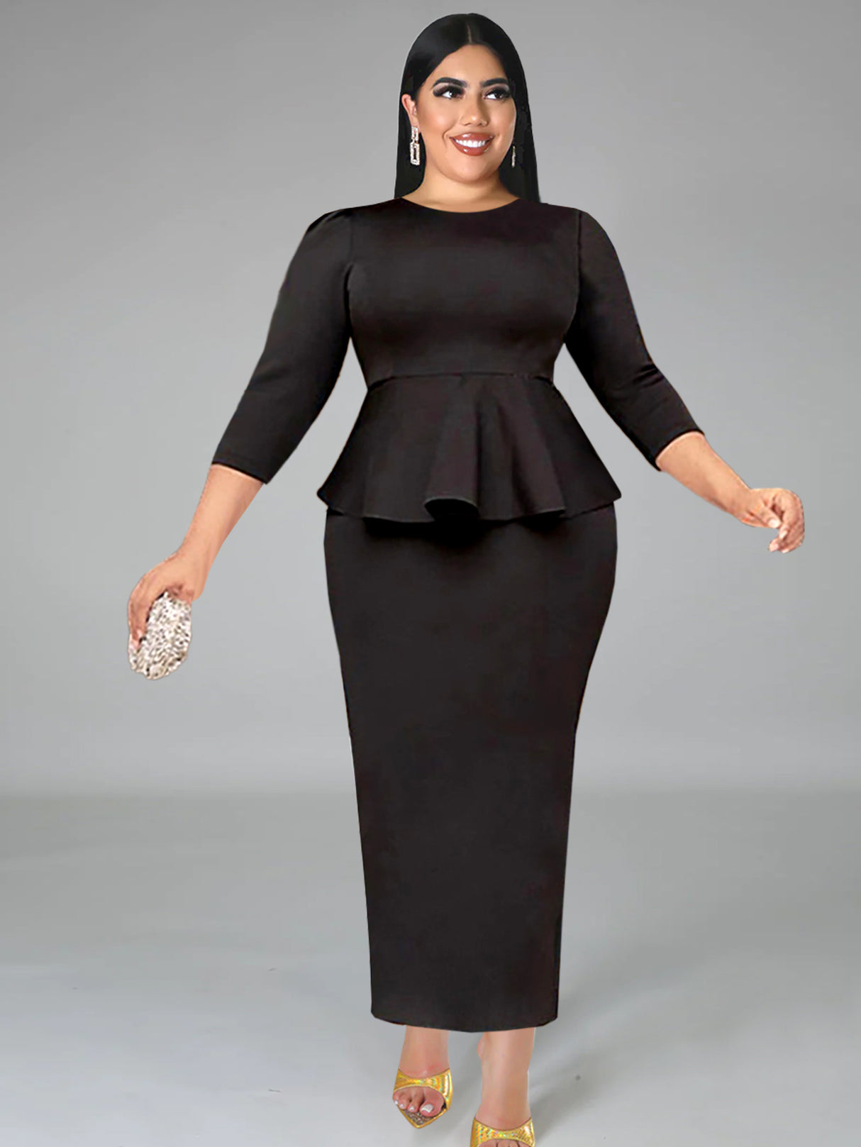ONTINVA Maxi Dress Long Sleeve Peplum New in Black Long Bodycon Dress Formal
