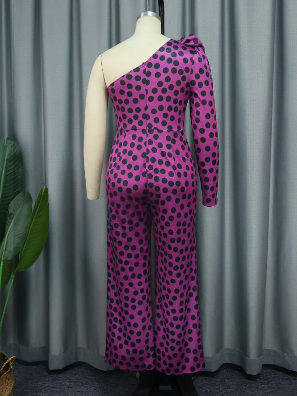 ONTINVA Polka Dot Printed Jumpsuit Plus Size One Shoulder
