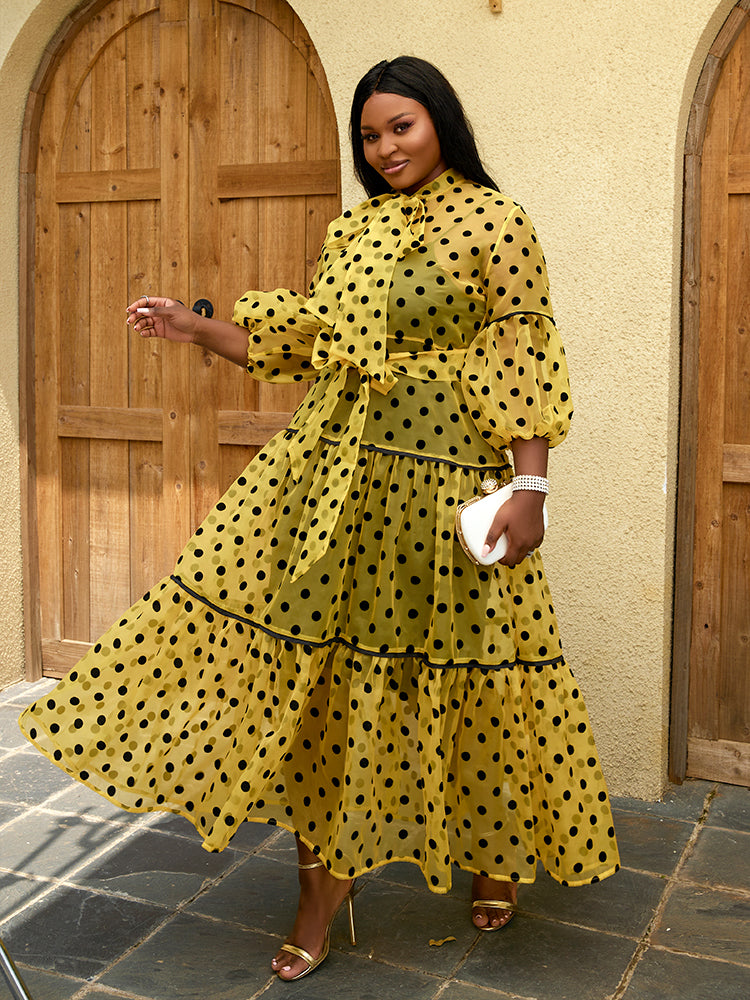 ONTINVA Women Long Dress Polka Dot Print Tulle See Through Mesh Loose Maxi Bow Collar Waist Belt Ruffle Sexy Elegant African Gowns
