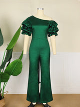 ONTINVA Women Jumpsuit High Waist Puff Sleeve Green Shiny Skew Collar Christmas Slim Elegant Summer Fashion Party Elegant New 2023