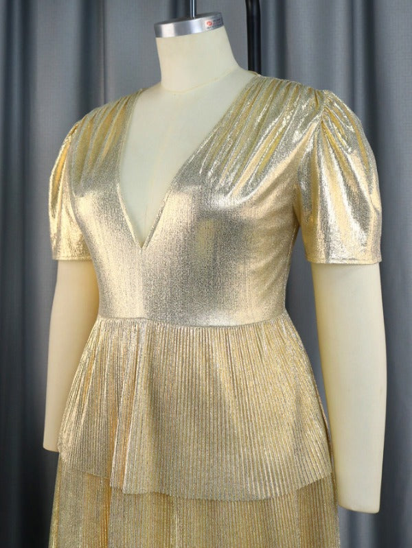 ONTINVA Gold Shiny Deep V Neck Pleated Dresses Midi