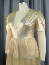 ONTINVA Gold Shiny Deep V Neck Pleated Dresses Midi