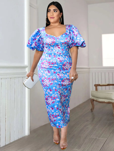 ONTINVA Floral Printed Short Puff Sleeve Slim Fit Blue Dress