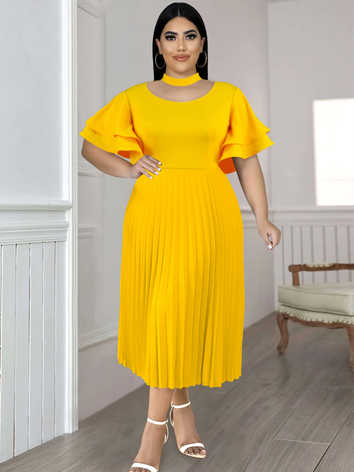 ONTINVA Pleated Dress O Neck Helter Flare Sleeve  A Line Midi