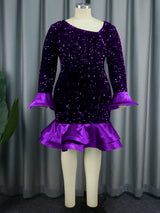 ONTINVA Sequins Velvet Mermaid Dress Midi Long Flare Sleeve Patchwork