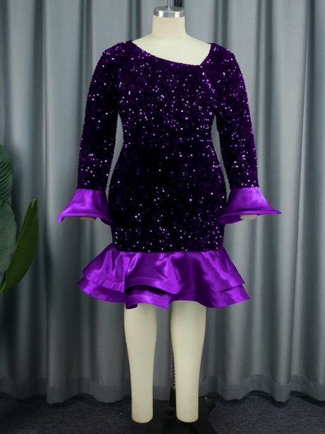 ONTINVA Sequins Velvet Mermaid Dress Midi Long Flare Sleeve Patchwork