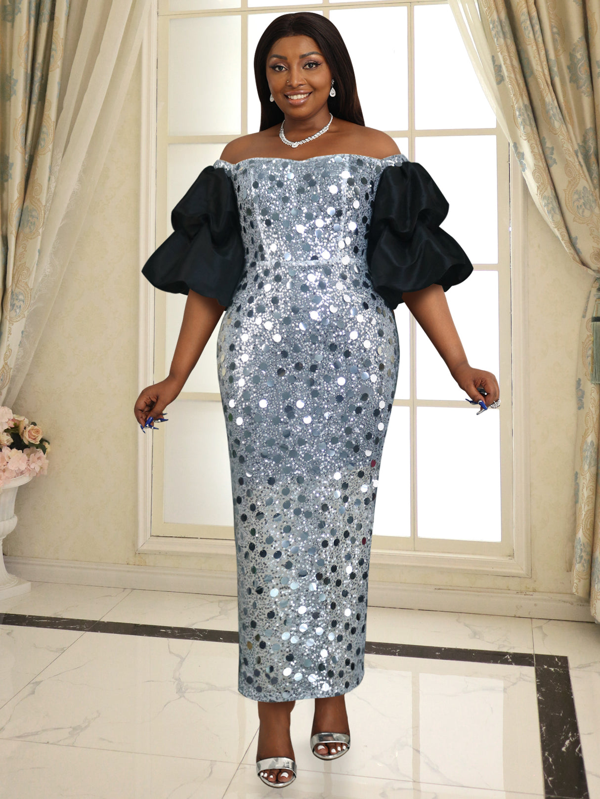 ONTINVA Bare Shoulder Silver Sequin Dress Maxi Patchwork Short Sleeves