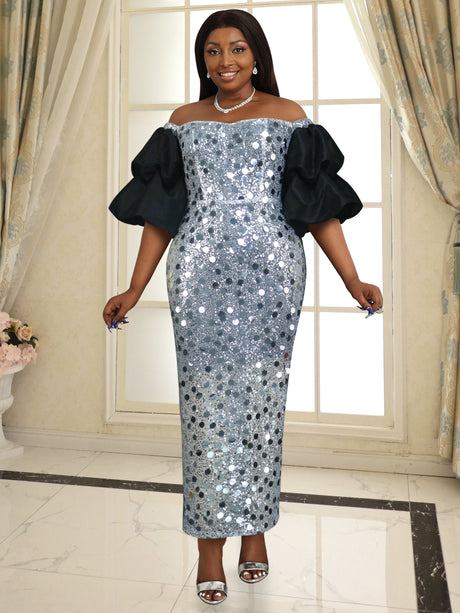 ONTINVA Bare Shoulder Silver Sequin Dress Maxi Patchwork Short Sleeves