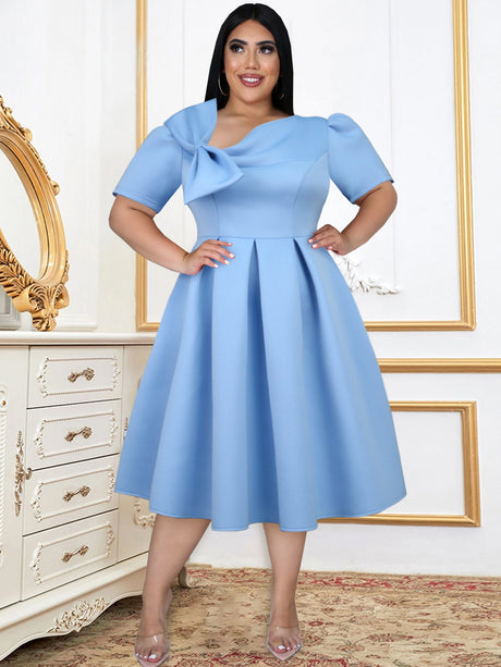 AOMEI Plus Size A Line Cute Bow Skater Dress Midi