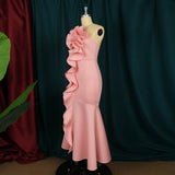 ONTINVA Pink Sleeveless Spaghetti Straps Big Flower Ruffles Long Party Dress