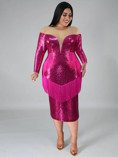 ONTINVA Sequined Bodycon Dress Tassel Plus Size Party Fashion