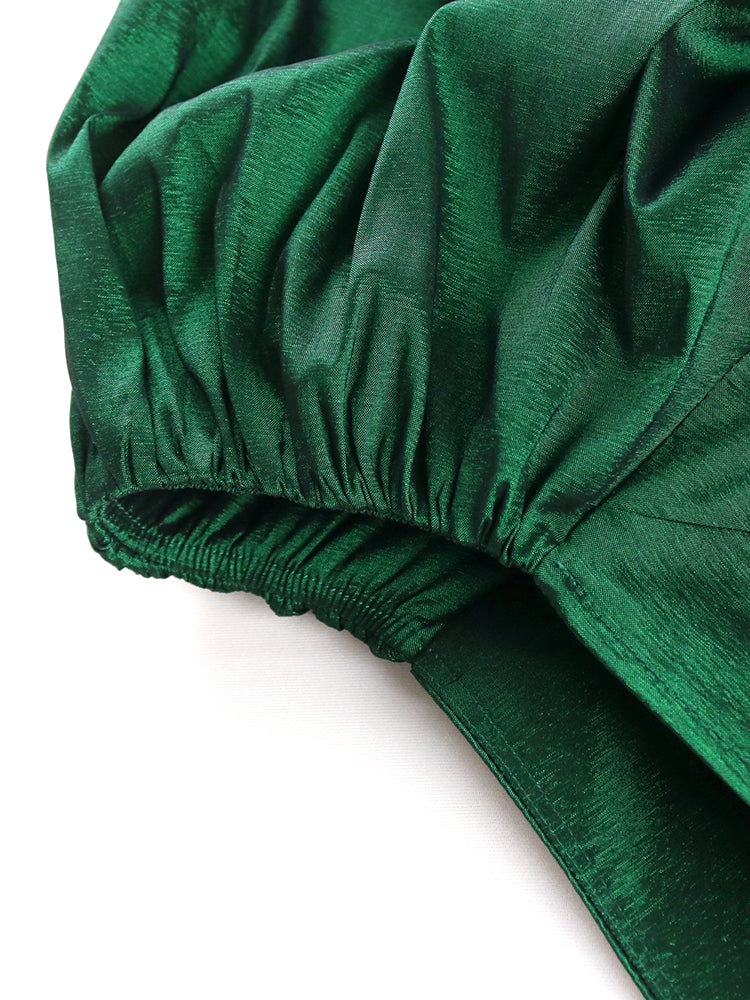 ONTINVA Women Jumpsuit High Waist Puff Sleeve Green Shiny Skew Collar Christmas Slim Elegant Summer Fashion Party Elegant New 2023
