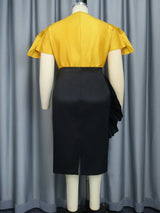 ONTINVA Elegant 2 Piece Set Women Ruffle Blouse Tops Luxury Shiny Applique skirt  Summer Chic Party Wear Large Size Golden Yellow