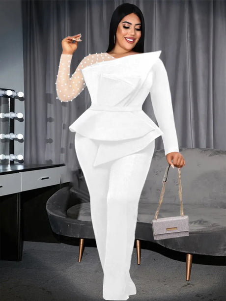ONTINVA White Ruffles Long Sleeve Beads Wide Leg Pants