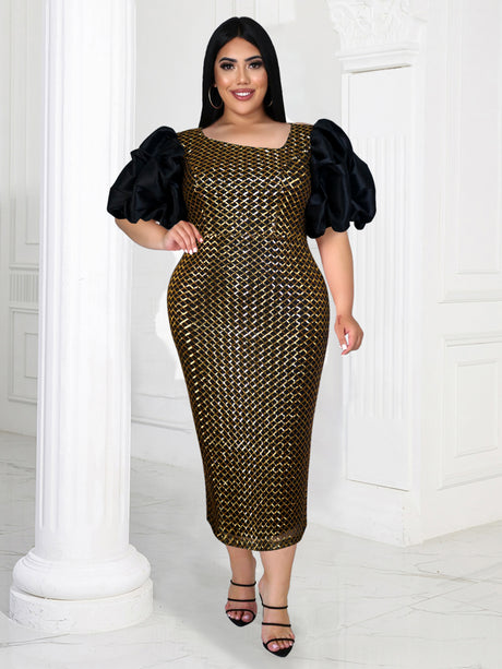 ONTINVA  Plaid Glitter Sequin Dress Midi Party Skew Collar