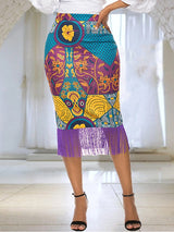 ONTINVA Printed Patchwork Tassels Package Hip Floral Skirt