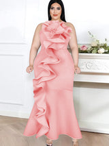 ONTINVA Pink Sleeveless Spaghetti Straps Big Flower Ruffles Long Party Dress