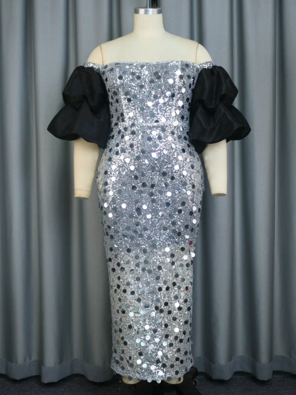 ONTINVA Bare Shoulder Silver Sequin Dress Maxi Patchwork Short Sleeves