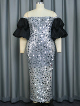 ONTINVA Bare Shoulder Silver Sequin Dress Maxi Patchwork Short Sleeves