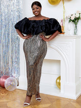 ONTINVA Evening Dress for Women Party Sequins Patchwork Strapless Maxi Robe Puff Sleeve Birthday Event Prom Sexy Cocktail Vestidos 2023