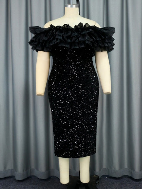 ONTINVA Mesh Ruffle Strapless Sequin Velvet Dress Midi