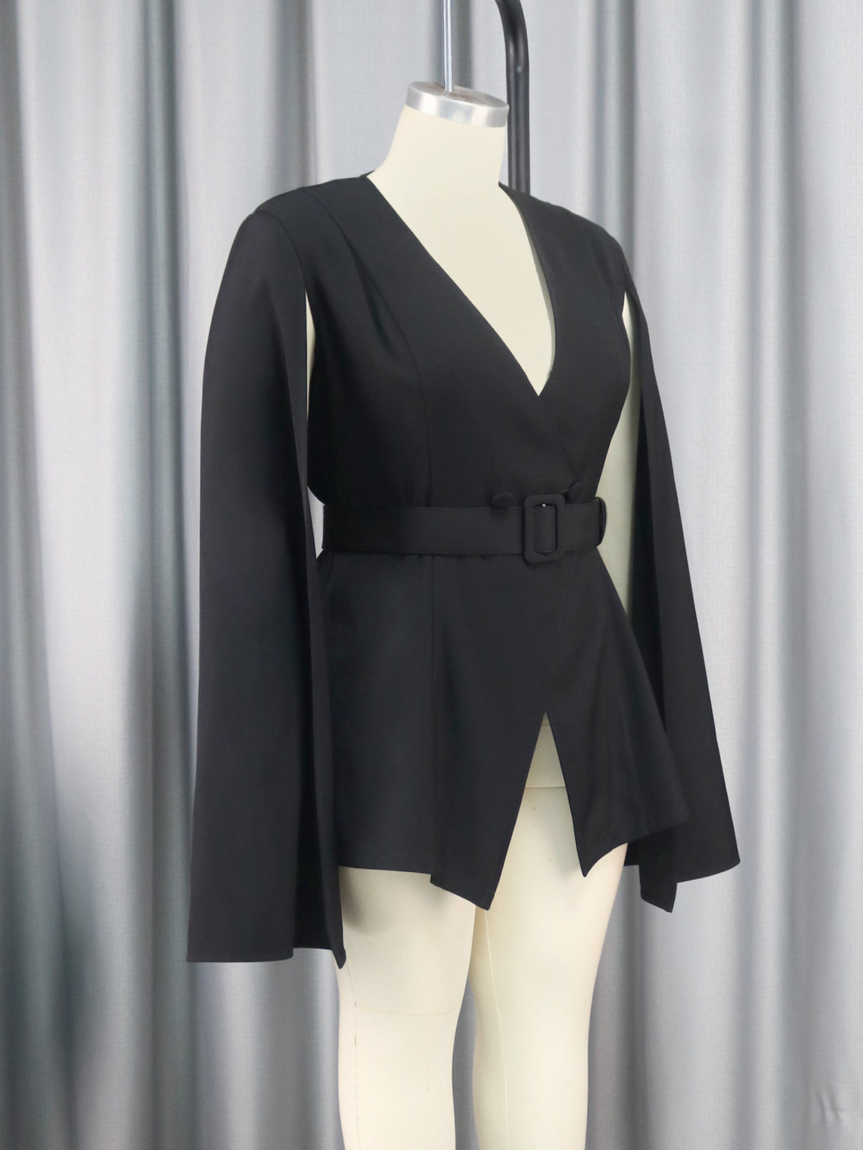 ONTINVA Women Black Blazers V Neck Cloak Sleeve with Waist Belt