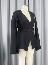 ONTINVA Women Black Blazers V Neck Cloak Sleeve with Waist Belt