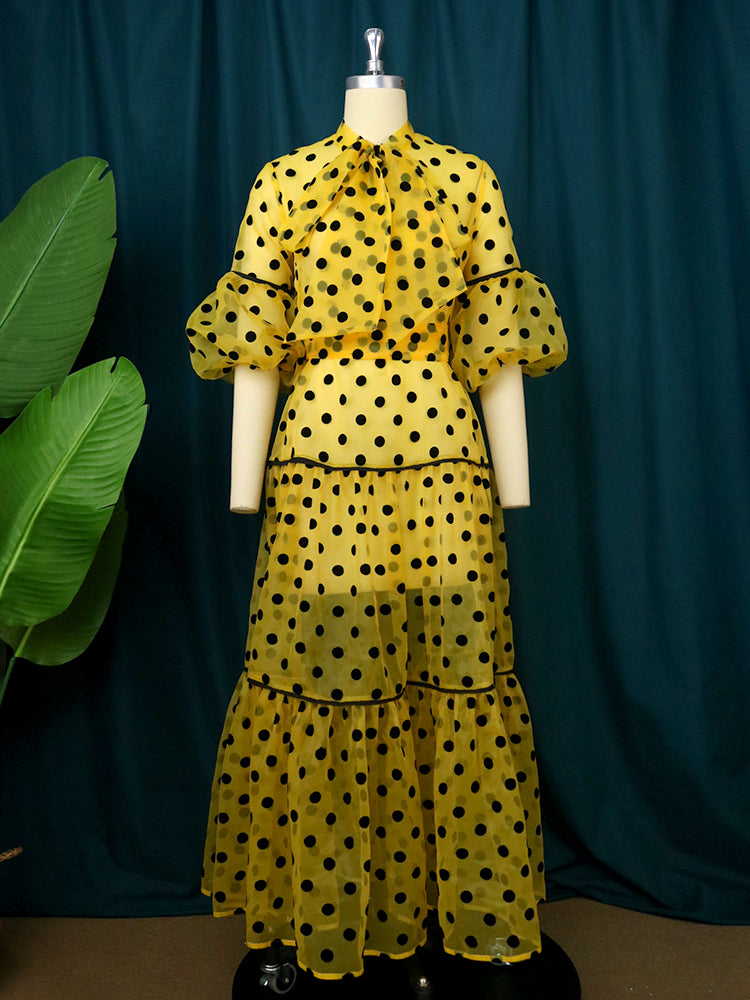 ONTINVA Women Long Dress Polka Dot Print Tulle See Through Mesh Loose Maxi Bow Collar Waist Belt Ruffle Sexy Elegant African Gowns