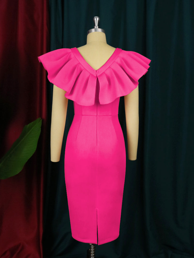 ONTINVA Sheath Dress Women Ruffle Bow V Neck Slim Elegant Summer Celebrate Midi Birthday Cocktail Event Prom Party Gowns African