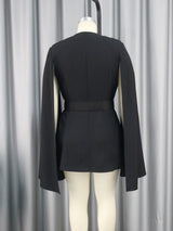 ONTINVA Women Black Blazers V Neck Cloak Sleeve with Waist Belt
