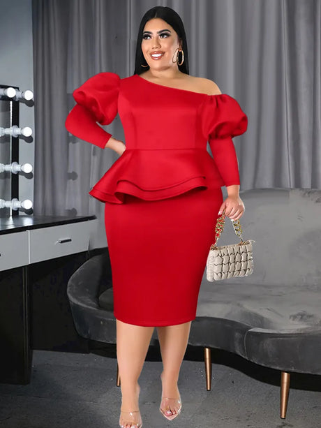 ONTINVA Red Peplum Cold Shoulder Puff Sleeve Ruffles Dress