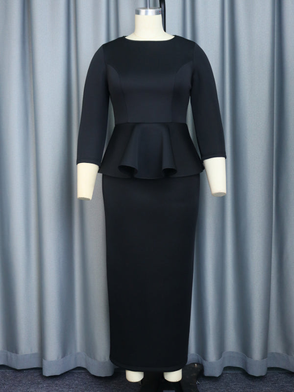 ONTINVA Maxi Dress Long Sleeve Peplum New in Black Long Bodycon Dress Formal
