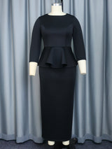 ONTINVA Maxi Dress Long Sleeve Peplum New in Black Long Bodycon Dress Formal