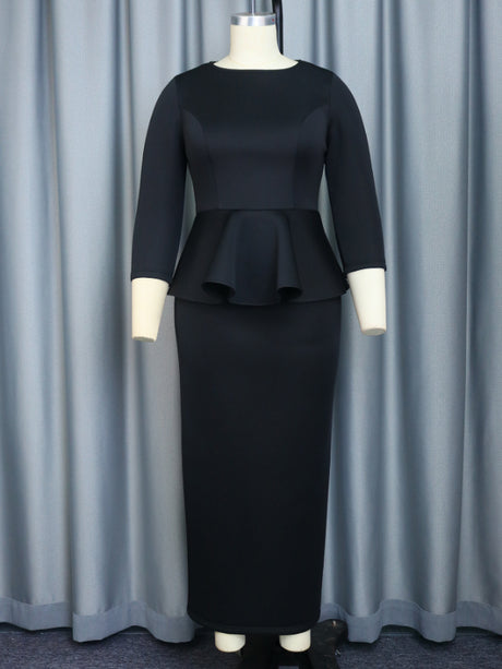 ONTINVA Maxi Dress Long Sleeve Peplum New in Black Long Bodycon Dress Formal