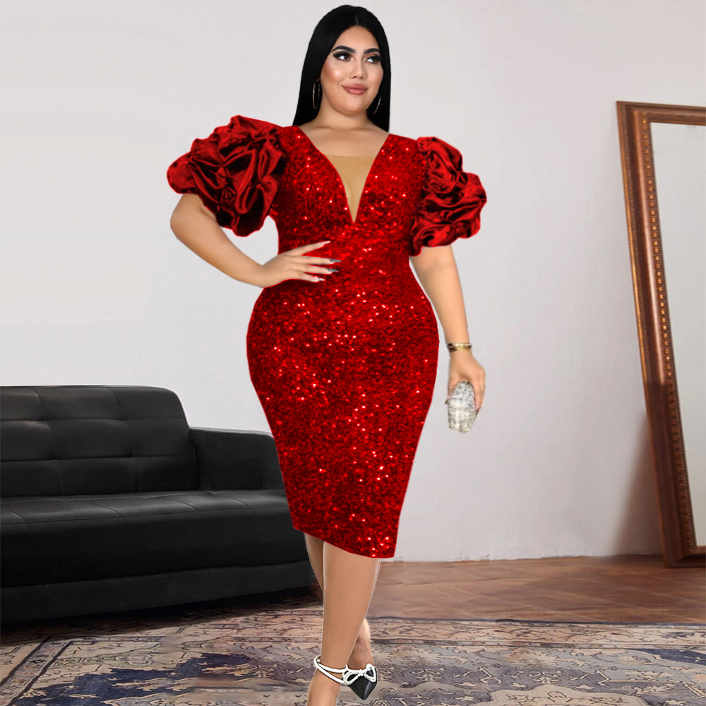 ONTINVA Luxury Sequins V Neck Tulle Patchwork Puff Sleeve Dress